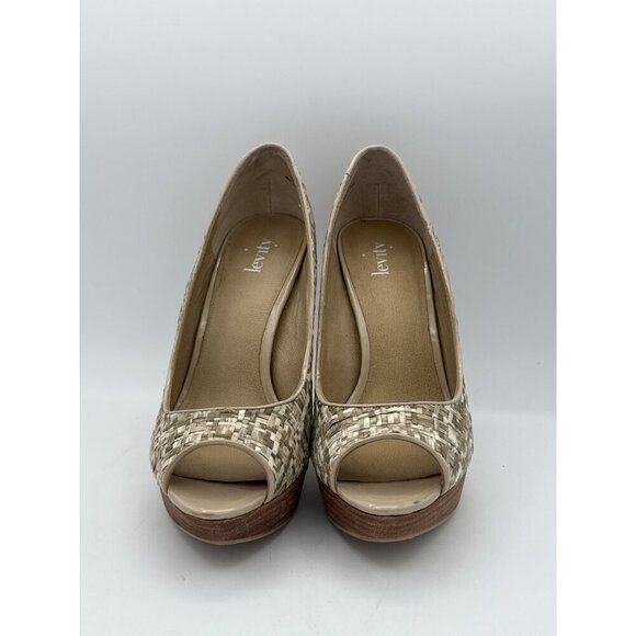 Levity Womens Peep Toe Platform Heels Size 7M Woven Texture Beige & Brown - Picture 4 of 7